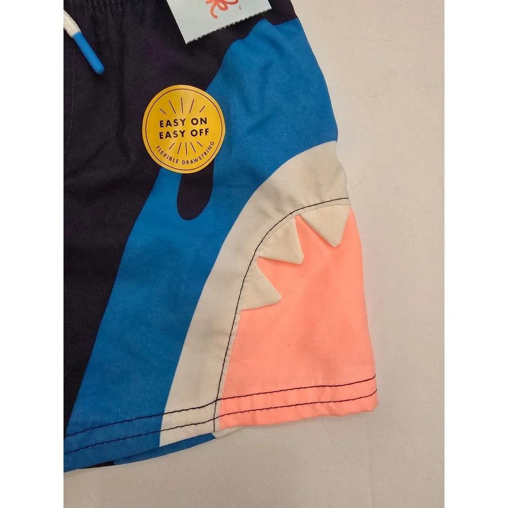 Cat & Jack Boys Shark Swim Trunks Navy Blue Coral UPF 50+ Flexible Drawstring